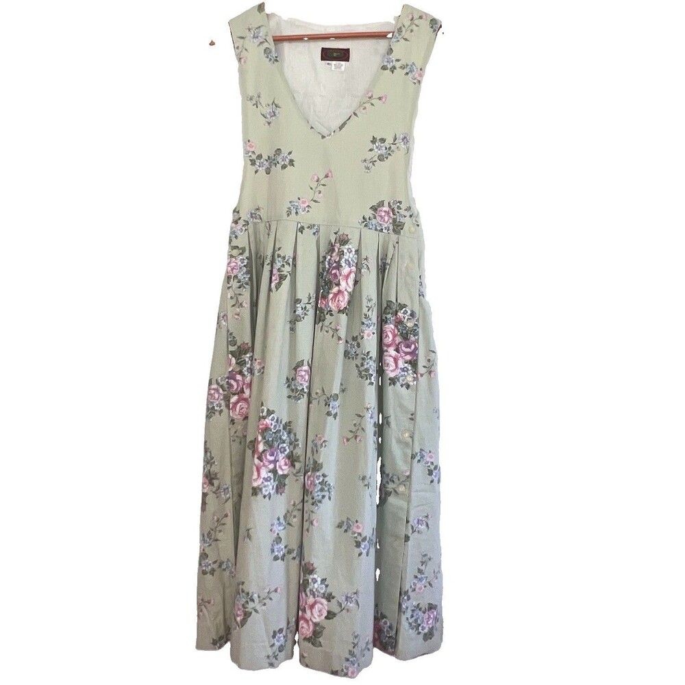 Vtg 80s Saddle Club Sage Cabbage Rose CottageCore Pinafore Dress Women’s M USA
